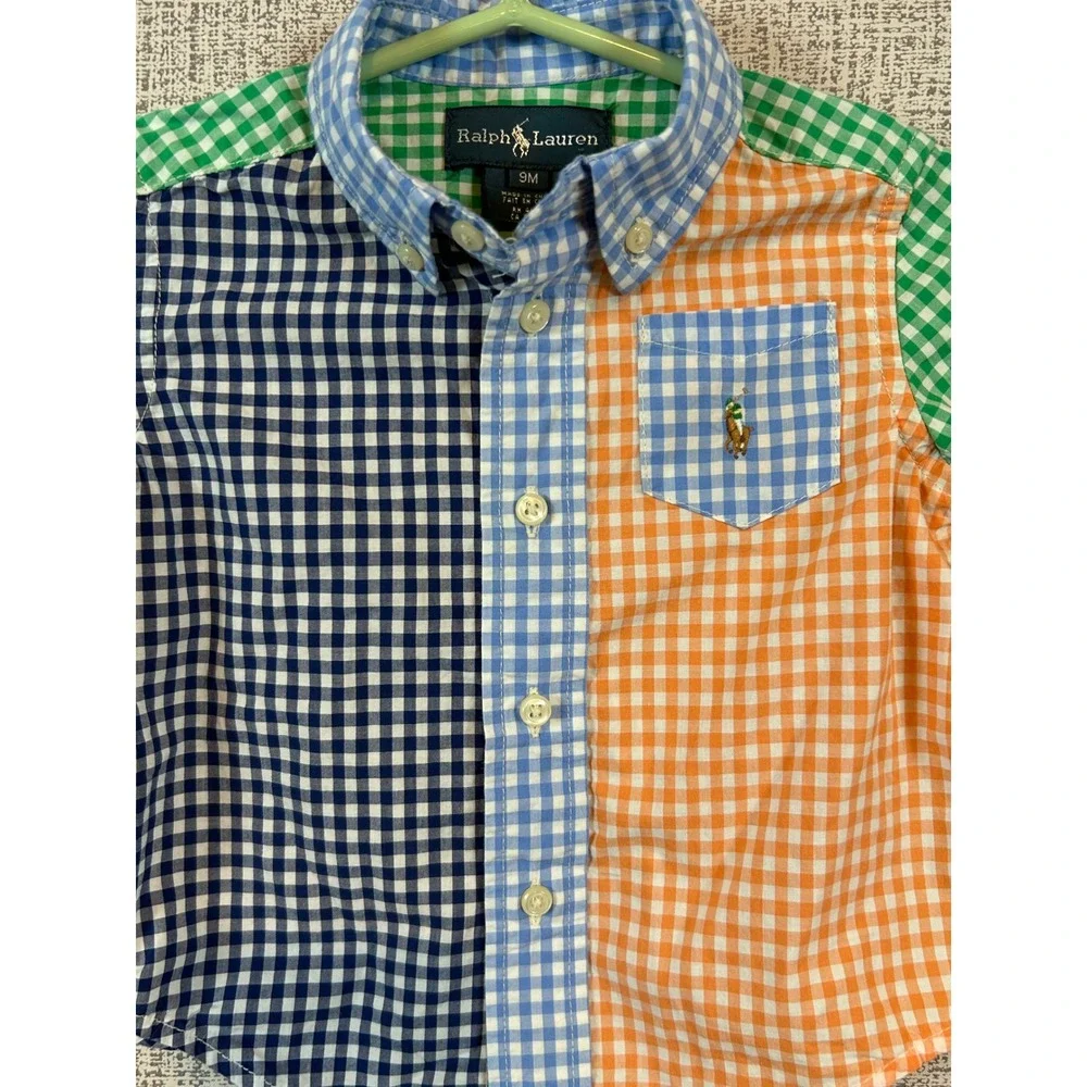 Ralph Lauren Kids Multi Color Gingham Patchwork Button Down Shirt 9M‎ Pony Logo